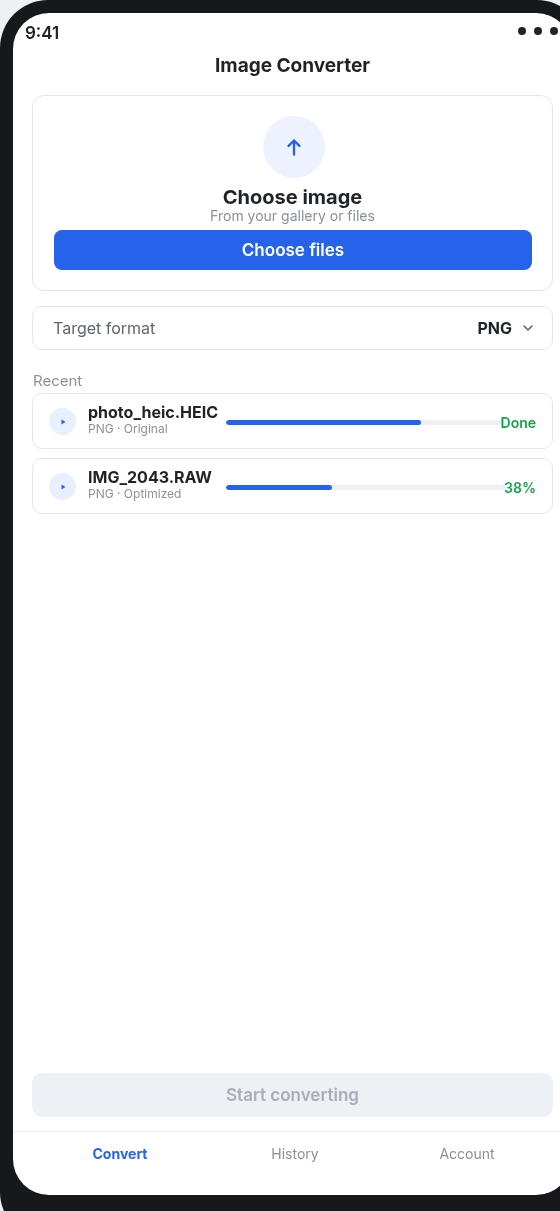 Image Converter mobile app interface on Android